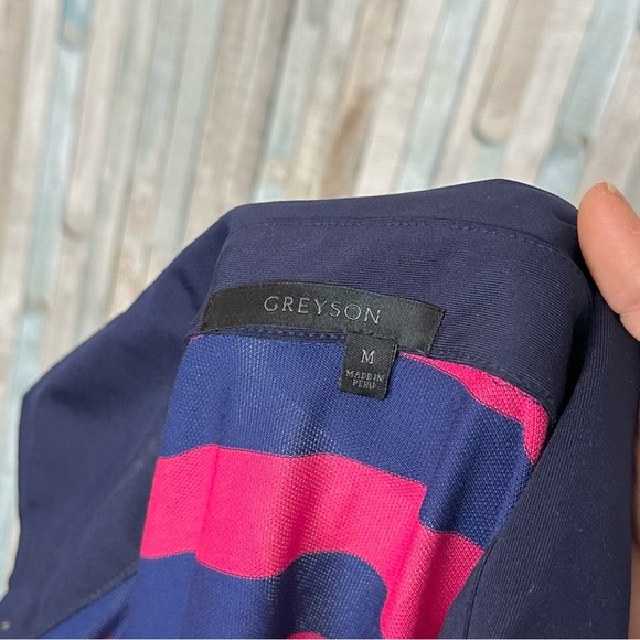 Greyson M Pink & Navy Stripe Pima Cotton Golf Polo Shirt Top Contrast Collar - Picture 7 of 8